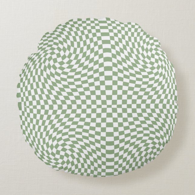 Retro Warped Sage Green White Checks Chequered  Round Cushion (Front)