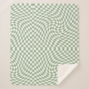 Retro Warped Sage Green White Checks Chequered   Sherpa Blanket