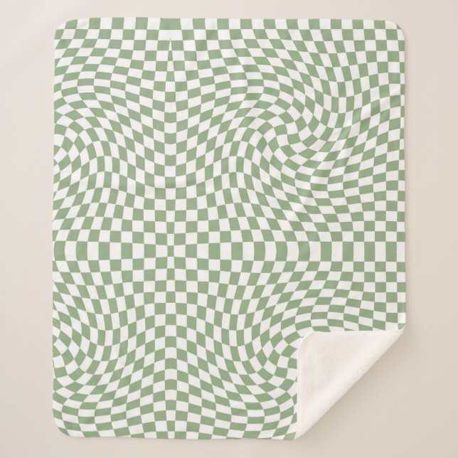 Retro Warped Sage Green White Checks Chequered   Sherpa Blanket (Front)
