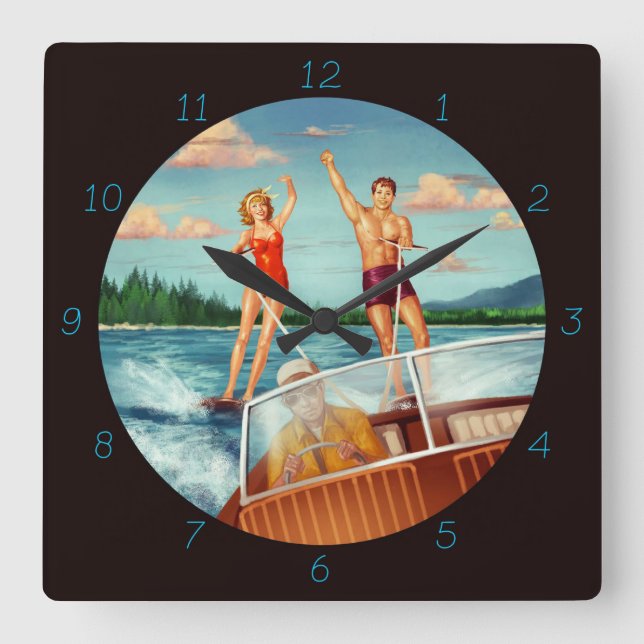 Retro Water Skiing Square Wall Clock (Front)