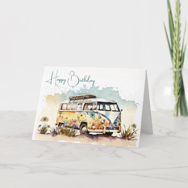 Retro Watercolor Bus With Flowers Card (Front)