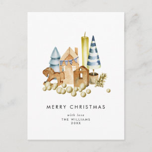 Retro Watercolor Christmas Toys Holiday Postcard