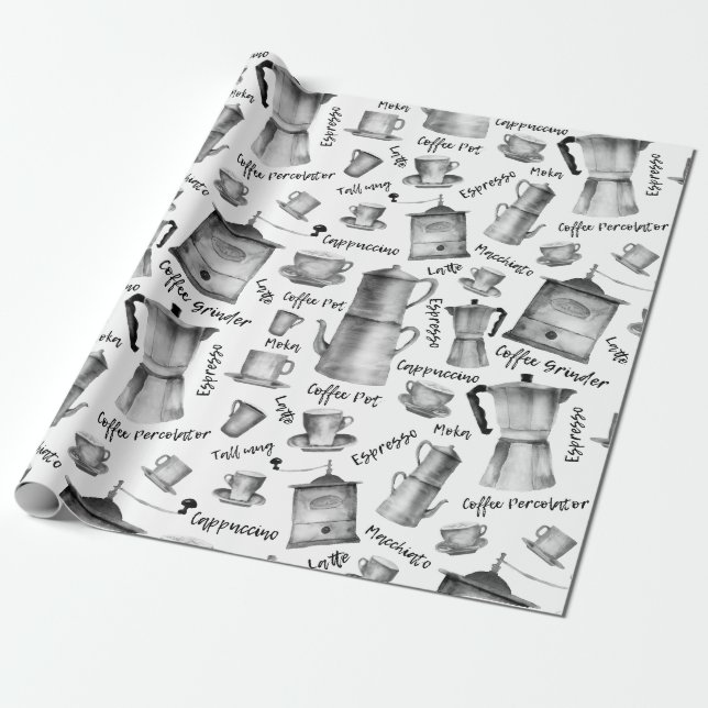 Retro Watercolor Coffee Pots Cups Pattern Wrapping Paper (Unrolled)