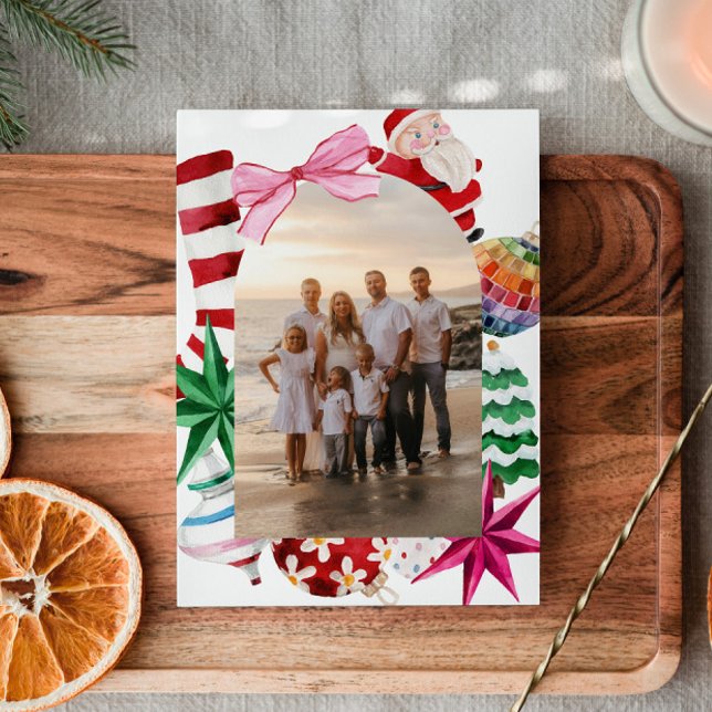 Retro Watercolor Family Photo Christmas Holiday Card (Retro Classic Christmas Family Photo Holiday Card)