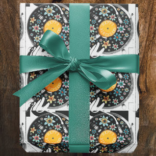 Retro Watercolor Floral Birthday Vinyl Record Wrapping Paper