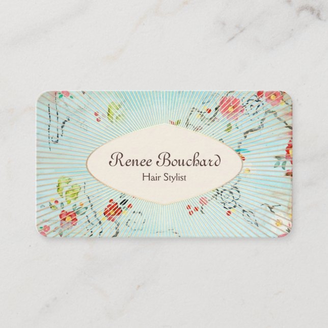 Retro Watercolor Floral Blue Gold Business Card (Front)