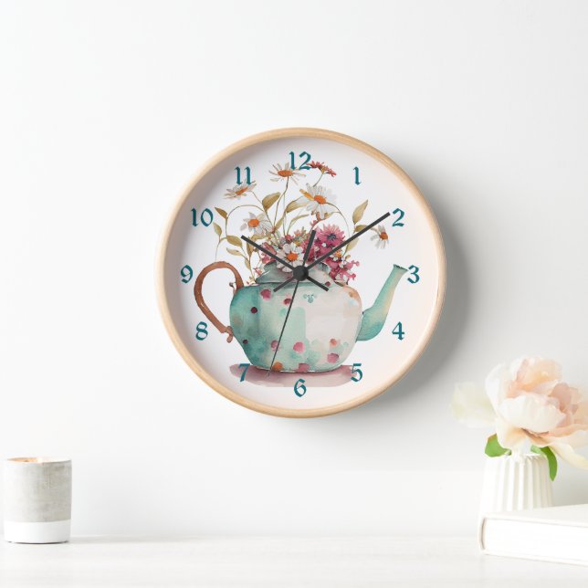 Retro Watercolor Floral Teapot Clock (Home)