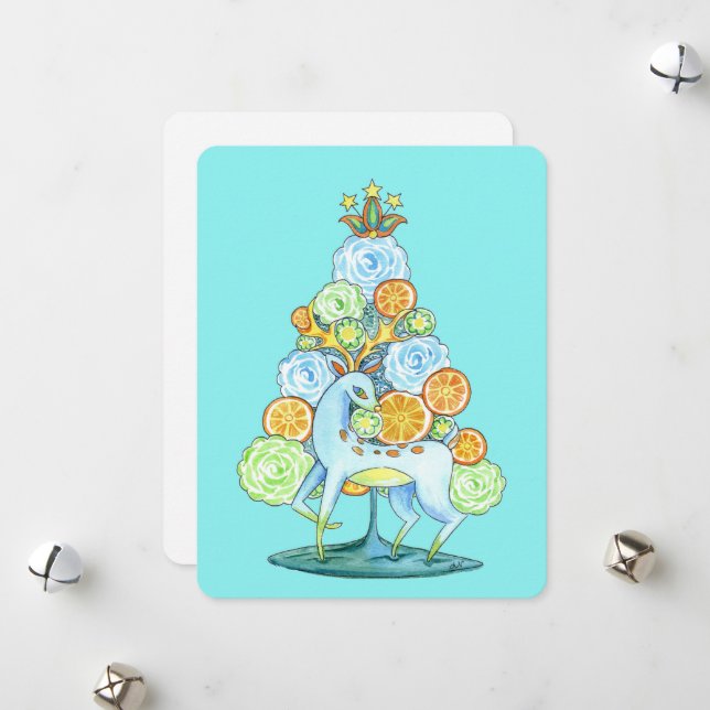 Retro Watercolor Flower Tree w/ Deer Holiday Card  (Front/Back In Situ)
