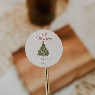 Retro Watercolor Green Red Christmas Tree Vintage Classic Round Sticker
