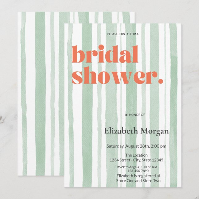  Retro Watercolor Green Stripes Bridal Shower Invitation (Front/Back)