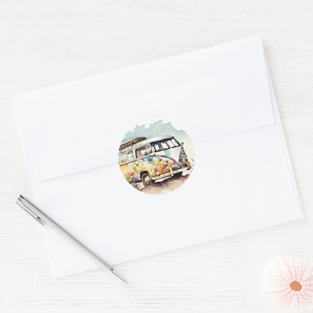 Retro Watercolor Hippie Bus With Flowers Classic Round Sticker (Envelope)
