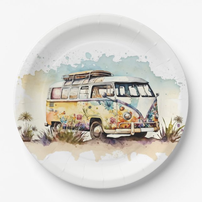 Retro Watercolor Hippie Bus With Flowers Paper Plate (Front)