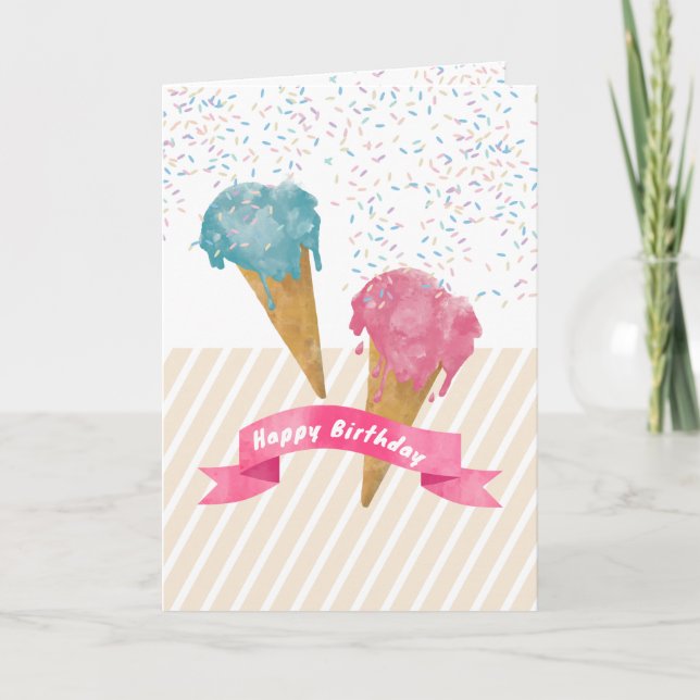 Retro Watercolor Ice Cream & Sprinkles Birthday  Card (Front)