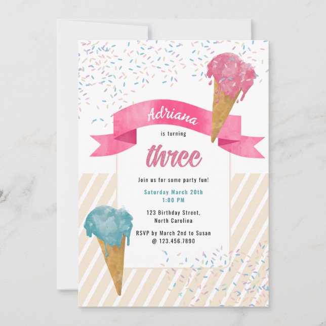 Retro Watercolor Ice Cream & Sprinkles Birthday  Invitation (Front)
