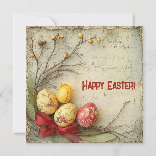 Retro watercolor red and yellow Easer eggs Holiday Card (Front)