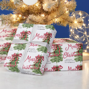 Retro Watercolor Red Bow Tree Custom Christmas Wrapping Paper
