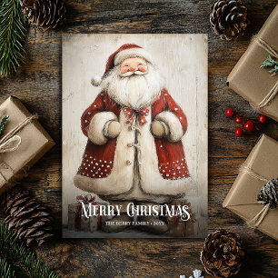 Retro Watercolor Red White Christmas Santa Card