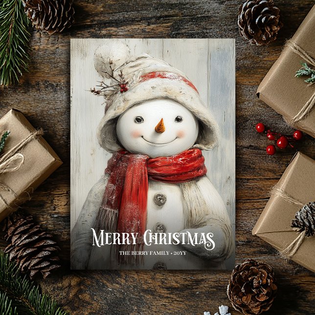 Retro watercolor red white Christmas snowman card (Retro watercolor red white Christmas snowman card)