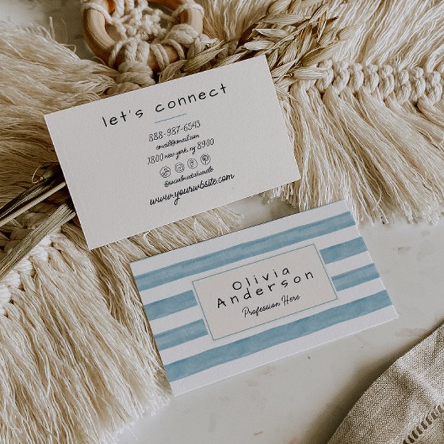 Retro Watercolor Sky Blue Stripes Trendy Boho Business Card (Creator Uploaded)