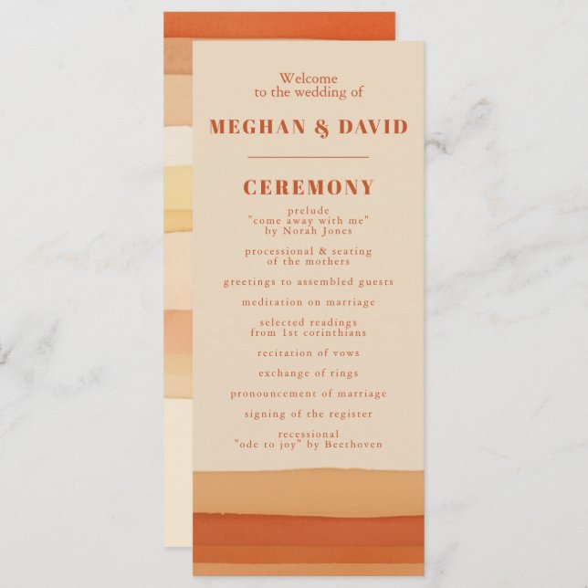 Retro Watercolor Stripes Terracotta Orange Wedding Programme (Front/Back)