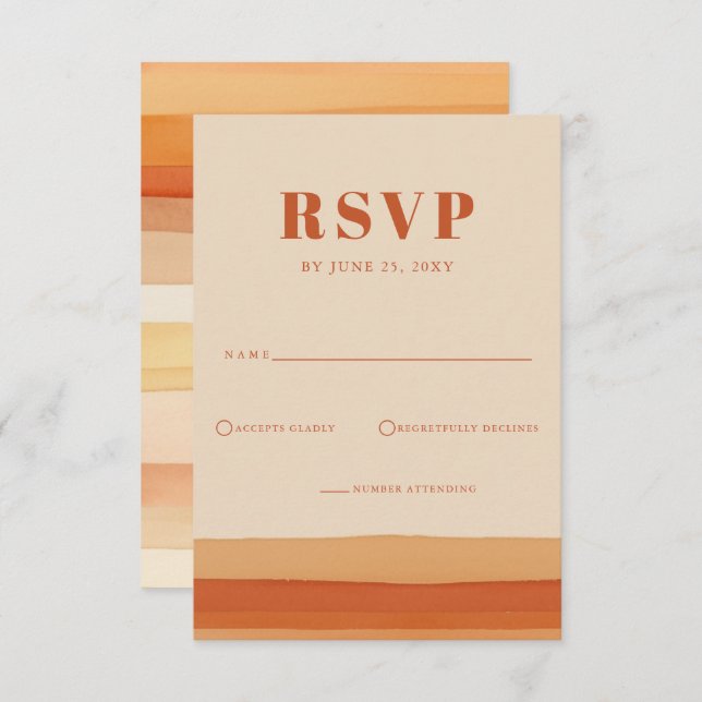 Retro Watercolor Stripes Terracotta Orange Wedding RSVP Card (Front/Back)