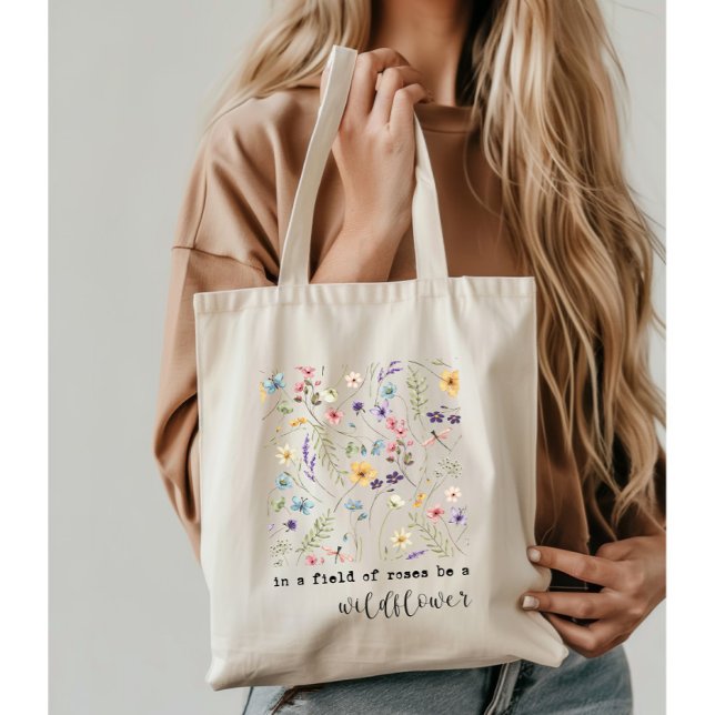 Retro Watercolor Wildflowers Inspirational Quote Tote Bag (Creator Uploaded)