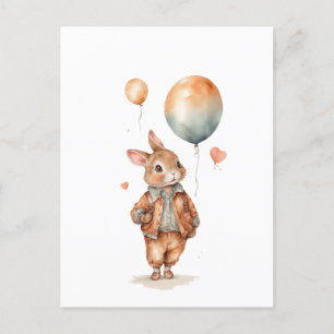 Retro watercolour Little bunny boy with balloons Postcard