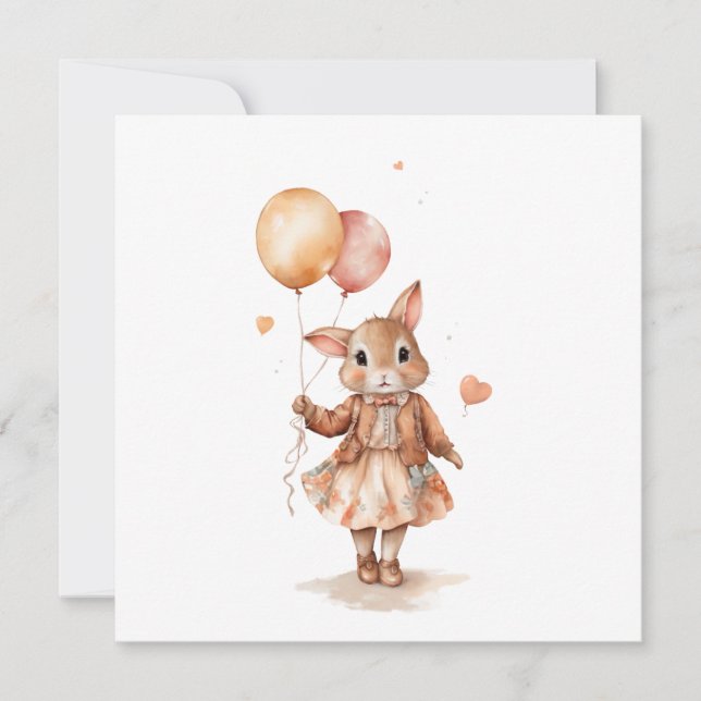 Retro watercolour Little bunny girl with balloons  Invitation (Front)