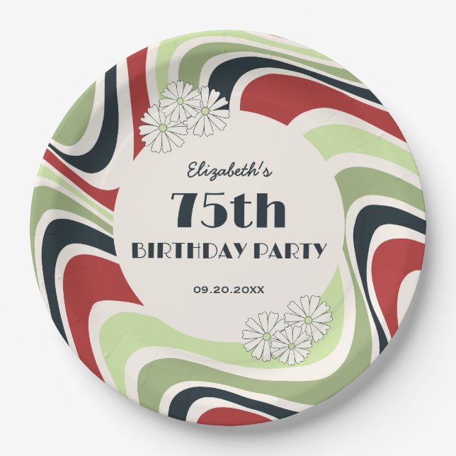 Retro Wave Artistic lower Green Red Black Birthday Paper Plate (Front)