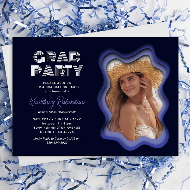 Retro Wave Blue Purple Photo Graduation Party Invitation (Creator Uploaded)