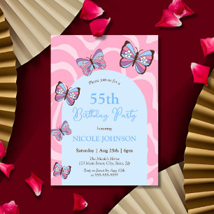 Retro Wave Butterfly Pink Blue Birthday Invitation