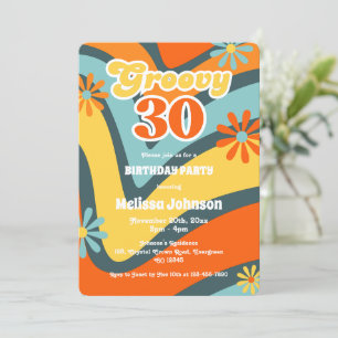 Retro Wave Daisies Groovy 30th Green Birthday Invitation