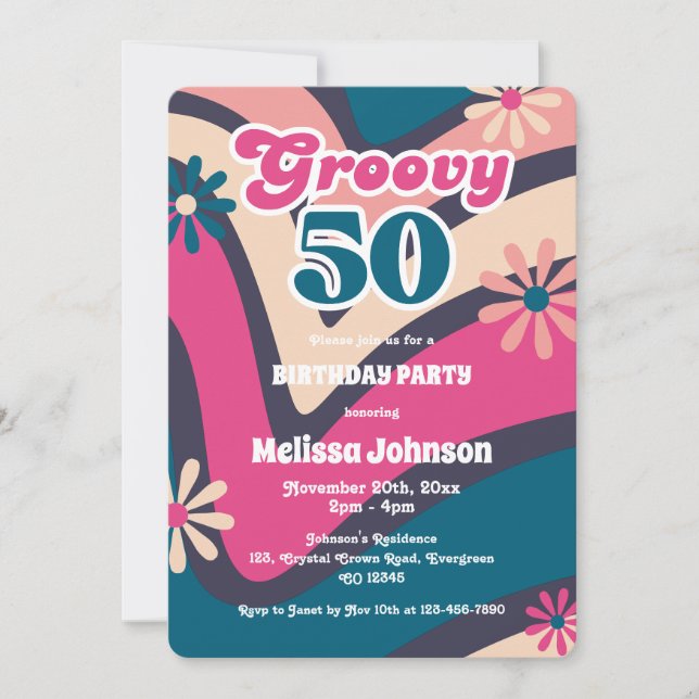 Retro Wave Daisies Groovy 50th Bubblegum Birthday Invitation (Front)