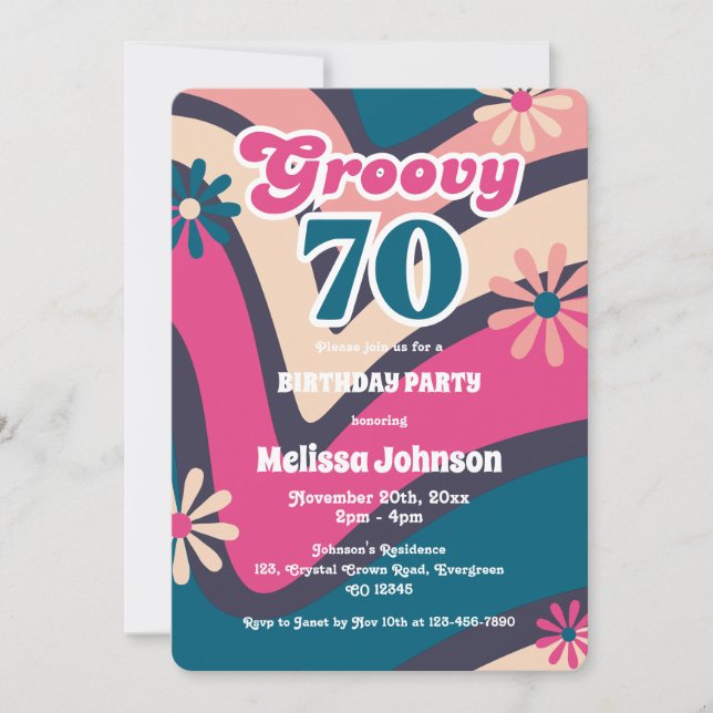 Retro Wave Daisies Groovy 70th Bubblegum Birthday Invitation (Front)