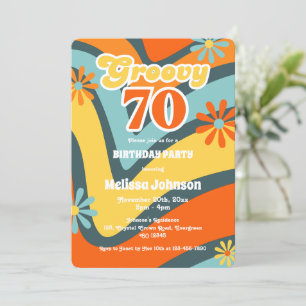 Retro Wave Daisies Groovy 70th Green Birthday Invitation