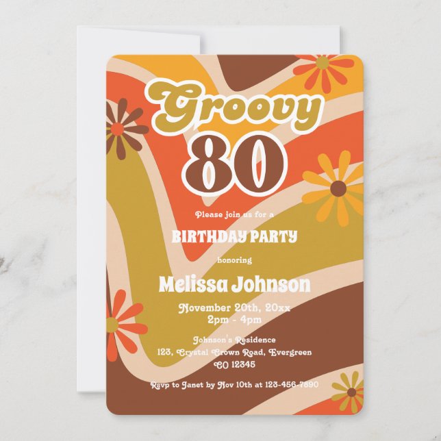 Retro Wave Daisies Groovy 80th Birthday Invitation (Front)