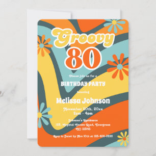 Retro Wave Daisies Groovy 80th Green Birthday Invitation