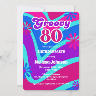 Retro Wave Daisies Groovy 80th Purple Birthday Invitation