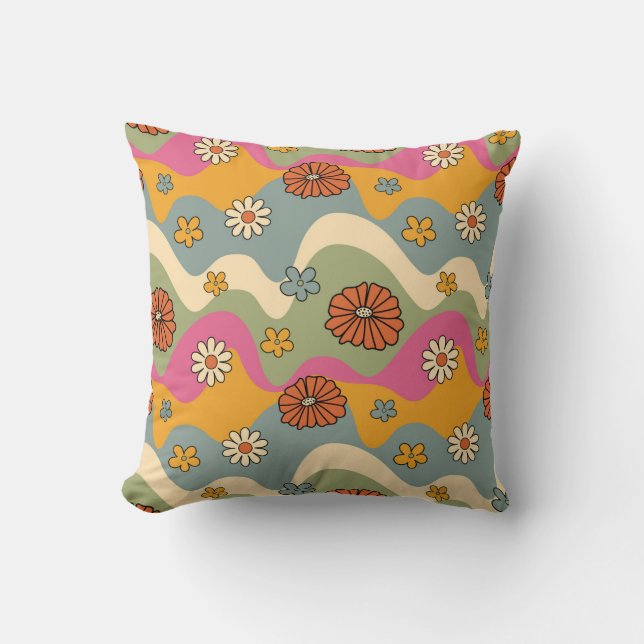 Retro Wave Floral Pattern Cushion (Front)