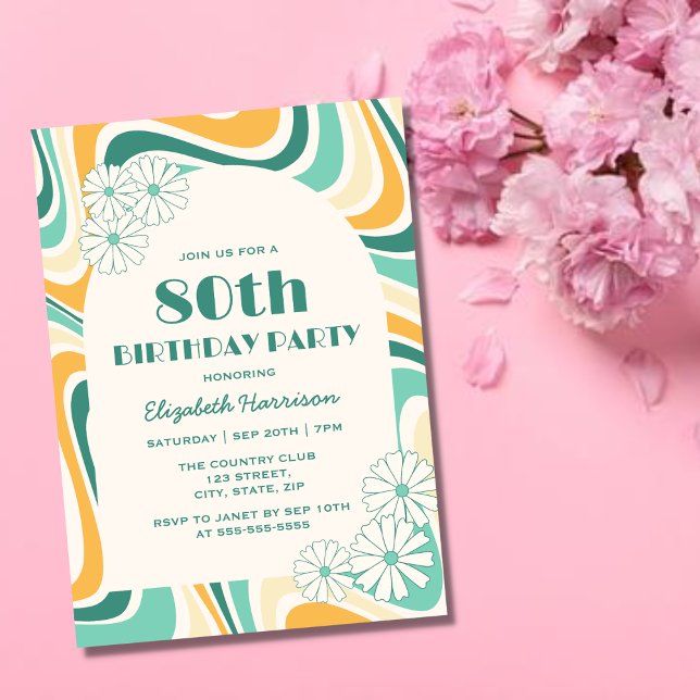 Retro Wave Flower Arch Green Yellow Birthday Invitation (Creator Uploaded)