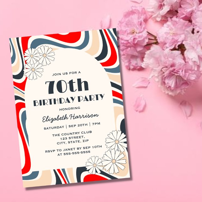 Retro Wave Flower Arch Grey Red Birthday Invitation (Creator Uploaded)