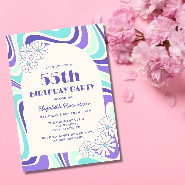 Retro Wave Flower Arch Mint Blue Birthday Invitation (Creator Uploaded)