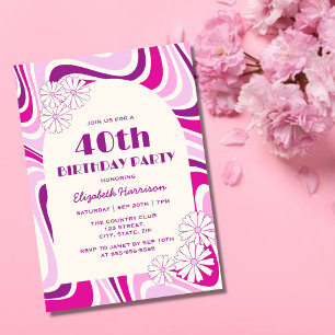 Retro Wave Flower Arch Purple Pink Birthday Invitation