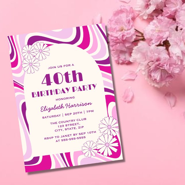 Retro Wave Flower Arch Purple Pink Birthday Invitation (Creator Uploaded)