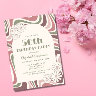 Retro Wave Flower Arch Sage Brown Peach Birthday Invitation