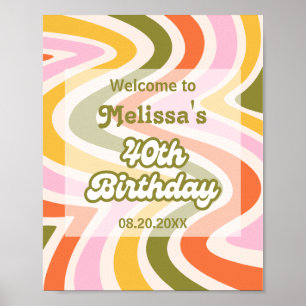 Retro Wave Flower Green 40th Birthday Welcome Poster