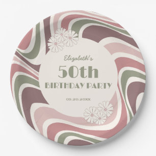 Retro Wave Flower Sage Brown Peach Birthday Paper Plate