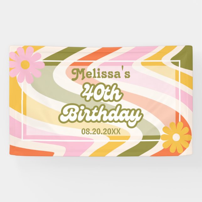 Retro Wave Groovy Flower Green 40th Birthday  Banner (Horizontal)