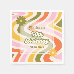 Retro Wave Groovy Flower Green 40th Birthday Napkin