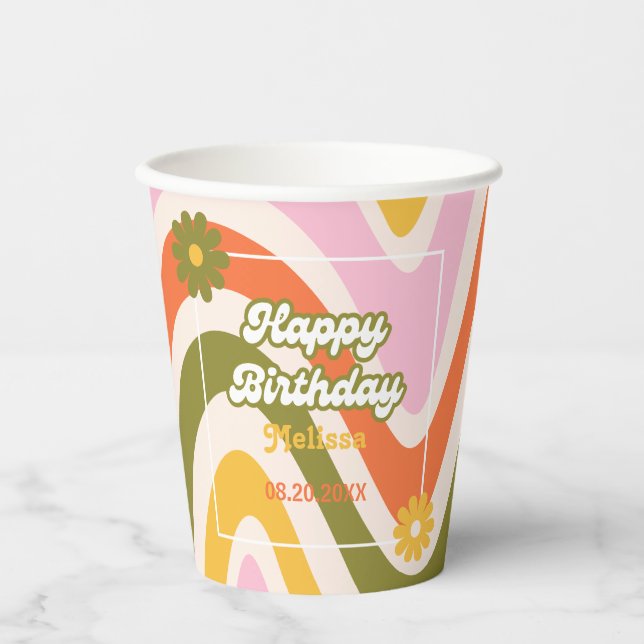 Retro Wave Groovy Flower Green 40th Birthday  Paper Cups (Front)
